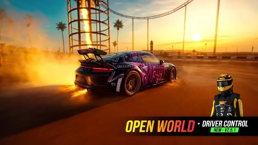 Auto da rally in derapata al tramonto in Rally Horizon