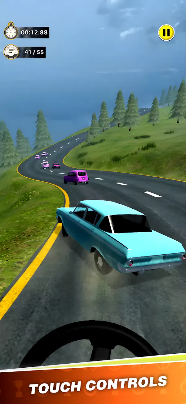 Auto d&rsquo;epoca su una strada di collina in Retro Racing, con cronometro in alto