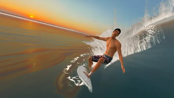 Surfista in appoggio sulla parete di un&rsquo;onda al tramonto in True Surf